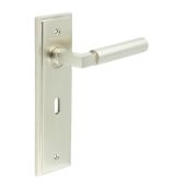 BUR30KIT321 Frelan Hardware Burlington Westminster Door Handles on 57mm Lock Backplate Satin Nickel