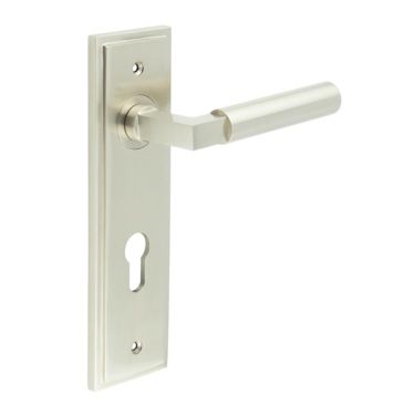 Click Here To Enlarge This Photo Of BUR30KIT324 Frelan Hardware Burlington Westminster Door Handles on 72mm Din Euro Backplate Satin Nickel