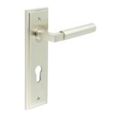 BUR30KIT324 Frelan Hardware Burlington Westminster Door Handles on 72mm Din Euro Backplate Satin Nickel
