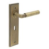 BUR30KIT9 Frelan Hardware Burlington Westminster Door Handles on 57mm Lock Backplate Antique Brass