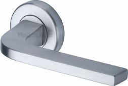V2015-SC Heritage Brass Door Handle Lever on Rose Bellagio Design Satin Chrome Finish