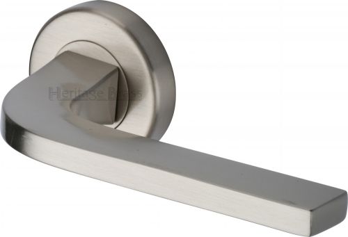 Click Here To Enlarge This Photo Of V2015-SN Heritage Brass Door Handle Lever on Rose Bellagio Design Satin Nickel Finish
