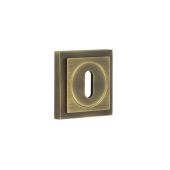 BUR-60AB-173AB Frelan Hardware Burlington Standard Keyway Escutcheon on Square Stepped Rose Antique Brass