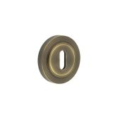 BUR-60AB-71AB Frelan Hardware Burlington Standard Keyway Escutcheon on Plain Rose Antique Brass