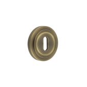 BUR-60AB-73AB Frelan Hardware Burlington Standard Keyway Escutcheon on Stepped Rose Antique Brass