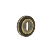 BUR-60AB-74AB Frelan Hardware Burlington Standard Keyway Escutcheon on Reeded Rose Antique Brass
