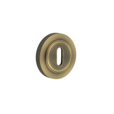 Click Here To Enlarge This Photo Of BUR-60AB-75AB Frelan Hardware Burlington Standard Keyway Escutcheon on Knurled Rose Antique Brass