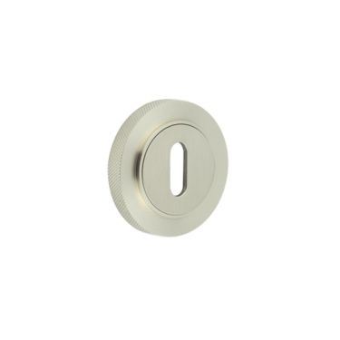 Click Here To Enlarge This Photo Of BUR-60SN-75SN Frelan Hardware Burlington Standard Keyway Escutcheon on Knurled Rose Satin Nickel