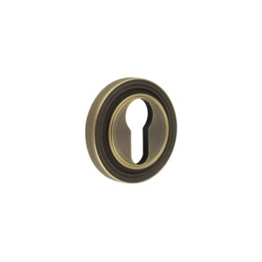 Click Here To Enlarge This Photo Of BUR-61AB-74AB Frelan Hardware Burlington Euro Profile Escutcheon on Reeded Rose Antique Brass