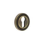 BUR-61AB-74AB Frelan Hardware Burlington Euro Profile Escutcheon on Reeded Rose Antique Brass