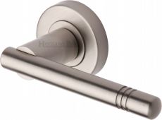 V2100-SN Heritage Brass Door Handle Lever Latch on Round Rose Alicia Design Satin Nickel Finish
