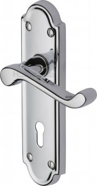 Click Here To Enlarge This Photo Of V300-PC Heritage Brass Door Handle Lever Lock Meridian Design Polished Chrome Finish