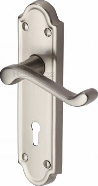 Click Here To Enlarge This Photo Of V300-SN Heritage Brass Door Handle Lever Lock Meridian Design Satin Nickel Finish