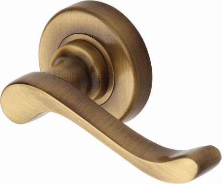 Click Here To Enlarge This Photo Of V3010-AT Heritage Brass Door Handle Lever Latch on 53mm Round Rose Bedford Design Antique Brass Finish