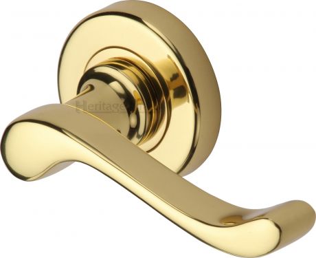 Click Here To Enlarge This Photo Of V3010-PB Heritage Brass Door Handle Lever Latch on 53mm Round Rose Bedford Design Polished Brass Finish