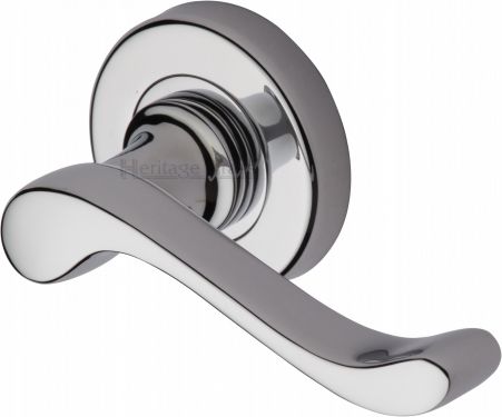 Click Here To Enlarge This Photo Of V3010-PC Heritage Brass Door Handle Lever Latch on 53mm Round Rose Bedford Design Polished Chrome Finish