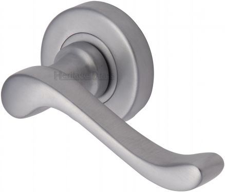 Click Here To Enlarge This Photo Of V3010-SC Heritage Brass Door Handle Lever Latch on 53mm Round Rose Bedford Design Satin Chrome Finish