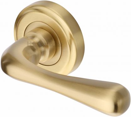 Click Here To Enlarge This Photo Of V3020-SB Heritage Brass Door Handle Lever Latch on Round Rose Charlbury Design Satin Brass Finish