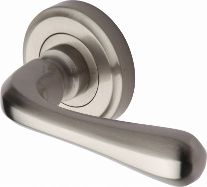 Click Here To Enlarge This Photo Of V3020-SN Heritage Brass Door Handle Lever Latch on Round Rose Charlbury Design Satin Nickel Finish