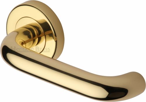 Click Here To Enlarge This Photo Of V3090-PB Heritage Brass Door Handle Lever Latch on Round Rose Harmony Design Polished Brass Finish