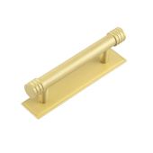 HOX-450SB-6050SB Frelan Hardware Hoxton Sturt Cabinet Handle 96mm on Stepped Backplate Backplate Satin Brass