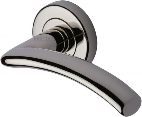 Click Here To Enlarge This Photo Of V3490-PNF Heritage Brass Door Handle Lever Latch on Round Rose Centaur Design Polished Nickel Finish
