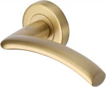 V3490-SB Heritage Brass Door Handle Lever Latch on Round Rose Centaur Design Satin Brass Finish
