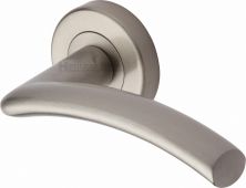 V3490-SN Heritage Brass Door Handle Lever Latch on Round Rose Centaur Design Satin Nickel Finish