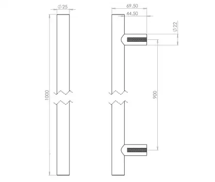 Click Here To Enlarge This Photo Of JPS222D Frelan Hardware Polished Stainless Steel (G304) 25mm Guardsman Pull Handle 1000mm x 25mm x 900mm (Bolt Through)