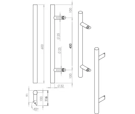 Click Here To Enlarge This Photo Of JSS519A Frelan Hardware Satin Stainless Steel (G304) Cranked Pull Handle 600mm x 32mm x 400mm (Bolt Through)