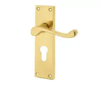 JV10EPB Frelan Hardware Jedo Victorian Scroll Door Handles on Euro Profile Lockplate Polished Brass