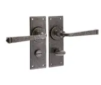 VF100B Frelan Hardware Valley Forge Pewter Door Handles on Bathroom Plate