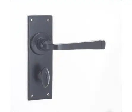 Click Here To Enlarge This Photo Of VFB100B Frelan Hardware Valley Forge Black Door Handles on Bathroom Plate