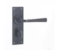 VFB100B Frelan Hardware Valley Forge Black Door Handles on Bathroom Plate