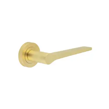 Click Here To Enlarge This Photo Of JV851SB Frelan Hardware Jedo 'Geo' Lever Handles on Round Rose - Satin Brass