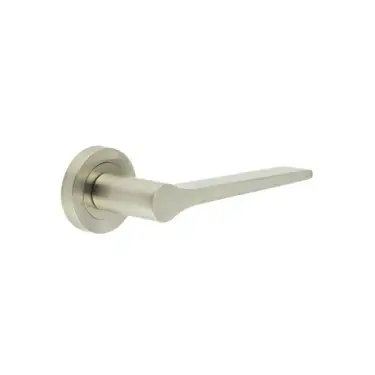Click Here To Enlarge This Photo Of JV851SN Frelan Hardware Jedo 'Geo' Lever Handles on Round Rose - Satin Nickel
