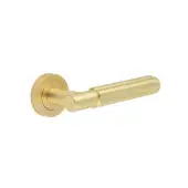 JV848SB Frelan Hardware Jedo 'Bloom' Lever Handles on Round Rose - Satin Brass