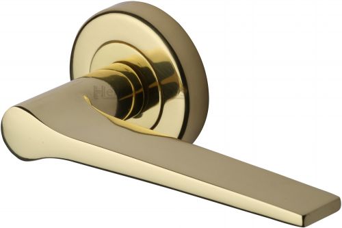 Click Here To Enlarge This Photo Of V4189-PB Heritage Brass Door Handle Lever on Rose Gio Design Polished Brass Finish