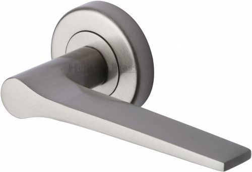Click Here To Enlarge This Photo Of V4189-SN Heritage Brass Door Handle Lever on Rose Gio Design Satin Nickel Finish