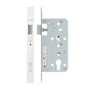 Click Here To Enlarge This Photo Of VDL0055-L-PCW - Zoo Hardware Vier DIN Latch 55mm Backset with 2pc Square Forend - Powder Coated White Finish