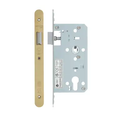 Click Here To Enlarge This Photo Of VDL0055-L-R-PVDSB - Zoo Hardware Vier DIN Latch 55mm Backset with 2pc Radius Forend - PVD Satin Brass Finish