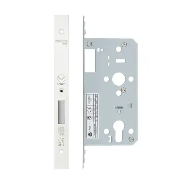 Click Here To Enlarge This Photo Of VDL0055-PCW - Zoo Hardware Vier DIN Euro Deadlock 55mm Backset with 2pc Square Forend - Powder Coated White Finish