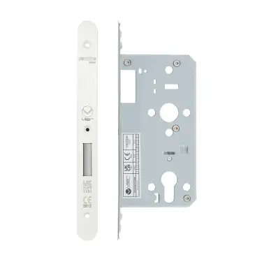 Click Here To Enlarge This Photo Of VDL0055-R-PCW - Zoo Hardware Vier DIN Euro Deadlock 55mm Backset with 2pc Radius Forend - Powder Coated White Finish