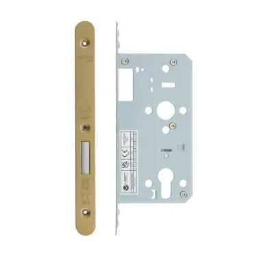 Click Here To Enlarge This Photo Of VDL0055-R-PVDSB - Zoo Hardware Vier DIN Euro Deadlock 55mm Backset with 2pc Radius Forend - PVD Satin Brass Finish