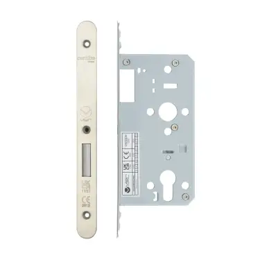 Click Here To Enlarge This Photo Of VDL0055-R-SSS - Zoo Hardware Vier DIN Euro Deadlock 55mm Backset with 2pc Radius Forend - Satin Stainless Steel Finish