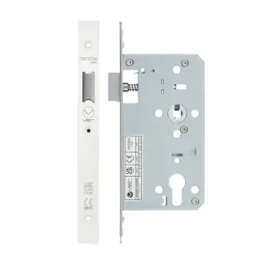 Click Here To Enlarge This Photo Of VDL0060-L-PCW - Zoo Hardware Vier DIN Latch 60mm Backset with 2pc Square Forend - Powder Coated White Finish