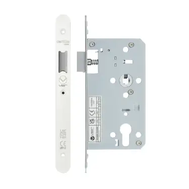 Click Here To Enlarge This Photo Of VDL0060-L-R-PCW - Zoo Hardware Vier DIN Latch 60mm Backset with 2pc Radius Forend - Powder Coated White Finish