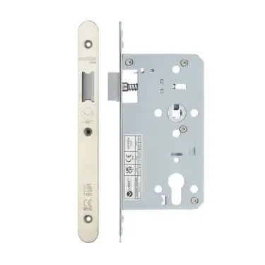 Click Here To Enlarge This Photo Of VDL0060-L-R-SSS - Zoo Hardware Vier DIN Latch 60mm Backset with 2pc Radius Forend - Satin Stainless Steel Finish
