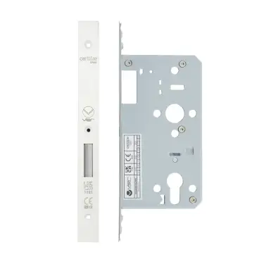 Click Here To Enlarge This Photo Of VDL0060-PCW - Zoo Hardware Vier DIN Euro Deadlock 60mm Backset with 2pc Square Forend - Powder Coated White Finish