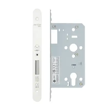 Click Here To Enlarge This Photo Of VDL0060-R-PCW - Zoo Hardware Vier DIN Euro Deadlock 60mm Backset with 2pc Radius Forend - Powder Coated White Finish